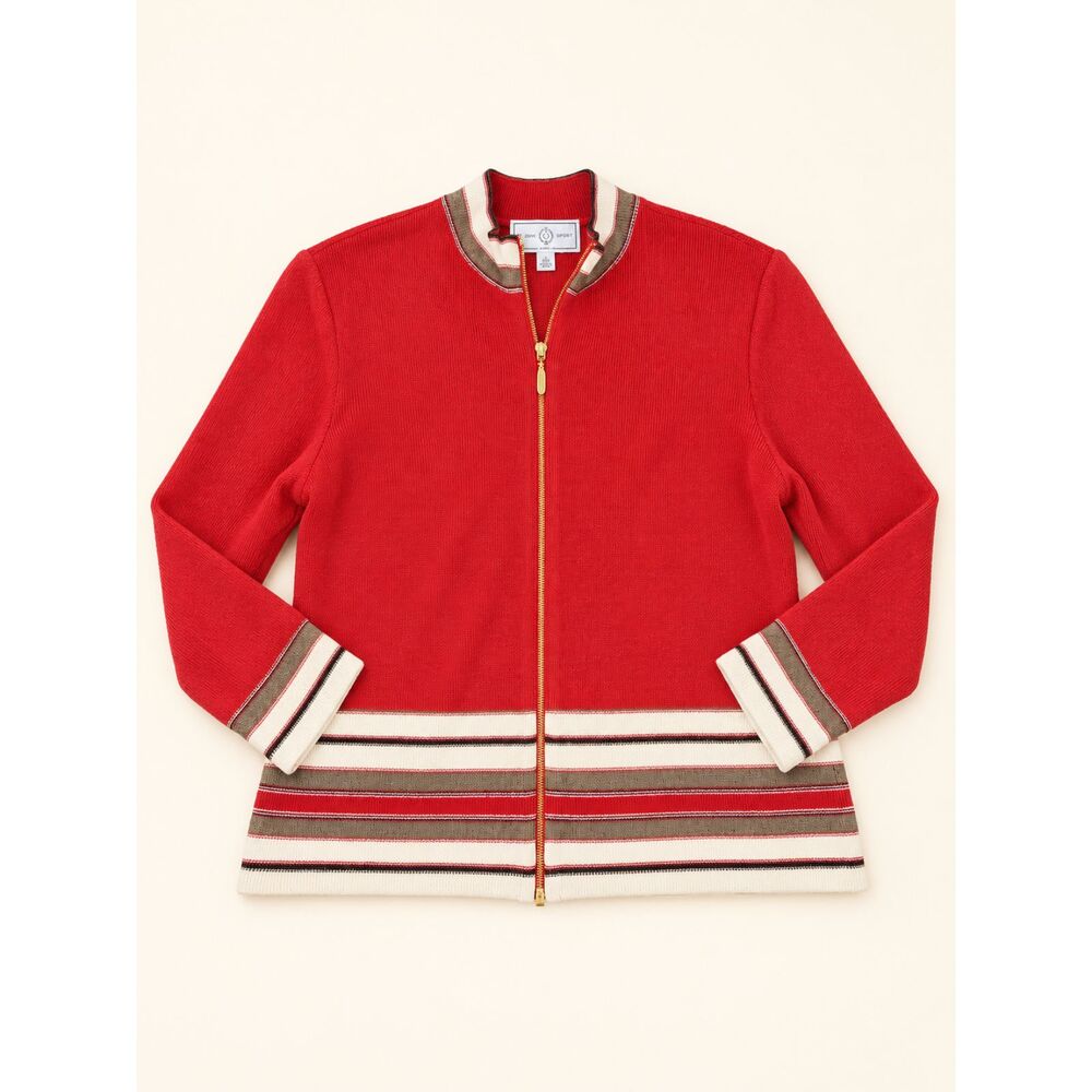 St John Sport Marie Gray Red Wool Blend Zip Cardigan XL Striped Trim